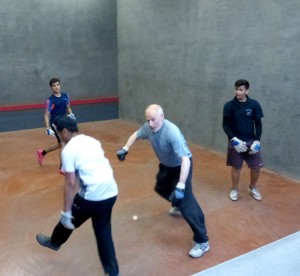 John Hawke using his experience against some youngsters with questionable positioning!